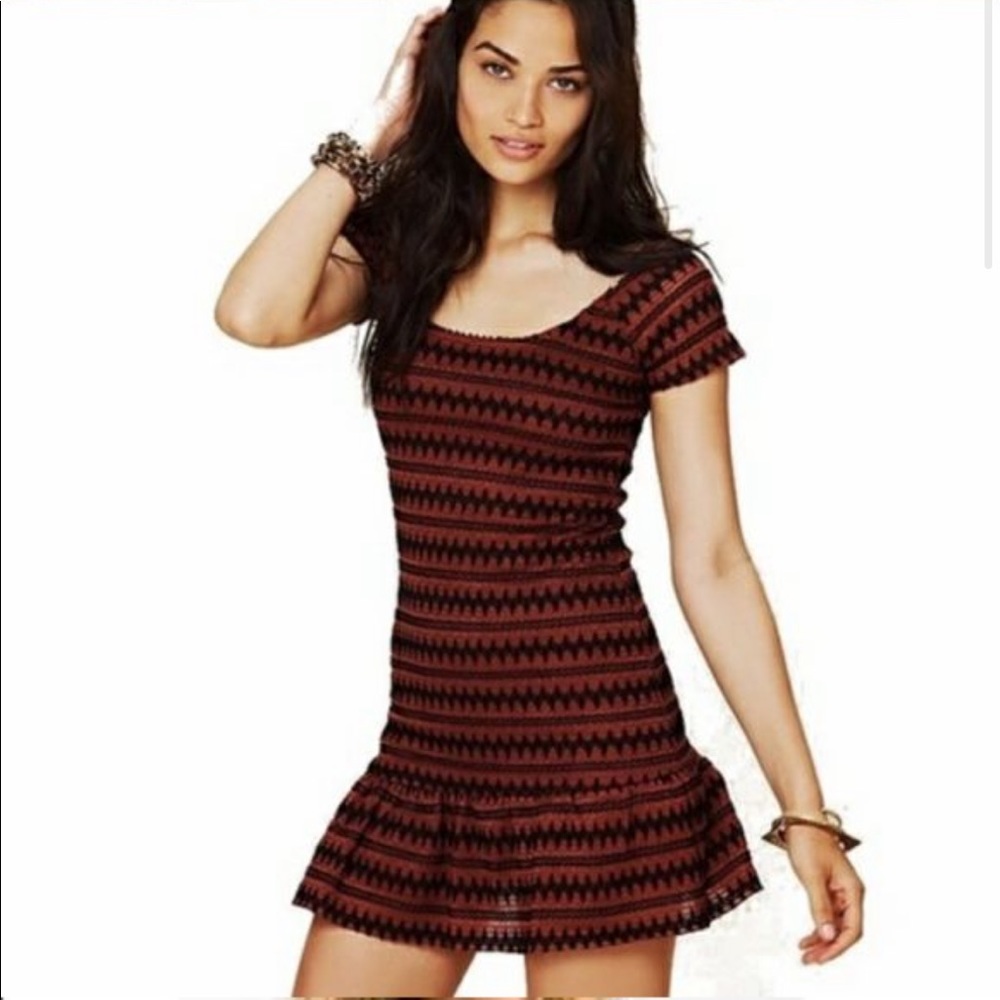 Free People Cozy Day Copper Black Striped Flounce Hem Knit Dress